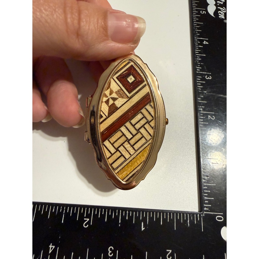 Vintage Wood Marquetry Inlay Lipstick Case Gold Tone Metal‎ Mirror Yosegi Style